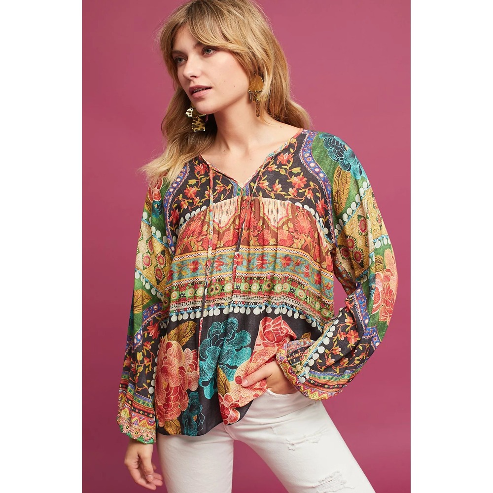 Farm Rio Anthropologie Mixed Floral Scarf Print Blouse Boho Babydoll Top Small
